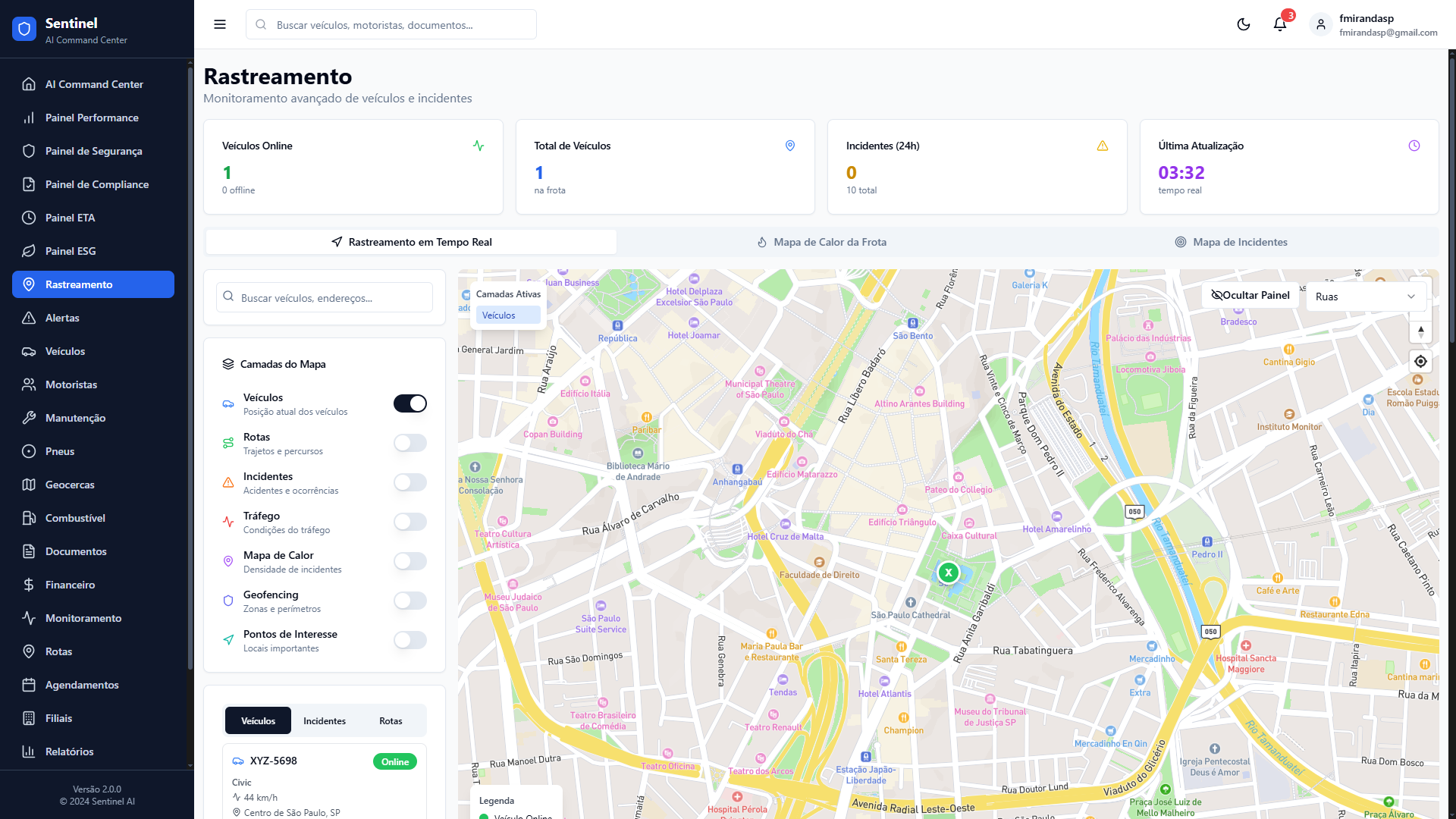 Dashboard da Plataforma Sentinel AI - Gestão de Frota com rastreamento em tempo real, monitoramento de veículos e analytics